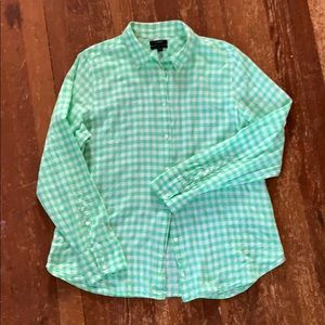 Green and white J Crew button-down shirt